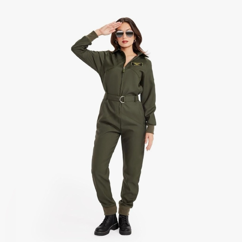 Tipsy Elves Pilot Costume Mens Size XS Green Collared Belted Jumpsuit women M